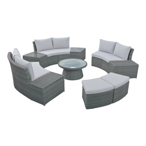 10-Piece Outdoor Sectional Half Round Patio Rattan Sofa Set; PE Wicker Conversation Furniture Set for Free Combination; Light Gray