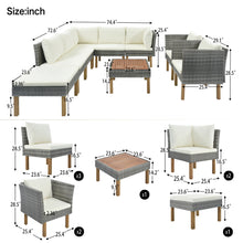 Load image into Gallery viewer, 9-Piece Outdoor Patio Garden Wicker Sofa Set, Gray PE Rattan Sofa Set, with Wood Legs, Acacia Wood Tabletop, Armrest Chairs with Cushions