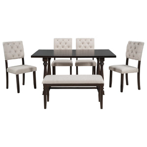 6-Piece Dining Table and Chair Set with Special-shaped Legs and Foam-covered Seat Backs&Cushions for Dining Room