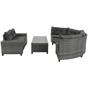 8-pieces Outdoor Wicker Round Sofa Set, Half-Moon Sectional Sets All Weather, Curved Sofa Set With Rectangular Coffee Table, PE Rattan Water-resistant and UV Protected, Movable Cushion