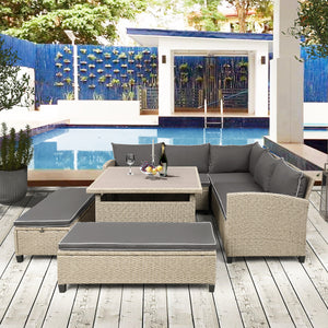 6-Piece Patio Furniture Set Outdoor Wicker Rattan Sectional Sofa with Table and Benches for Backyard, Garden, Poolside