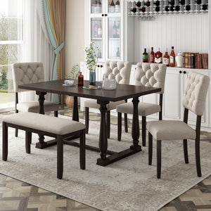 6-Piece Dining Table and Chair Set with Special-shaped Legs and Foam-covered Seat Backs&Cushions for Dining Room