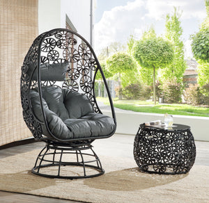 Hikre Patio Lounge Chair &amp; Side Table; Clear Glass; Charcaol Fabric &amp; Black Wicker 45113