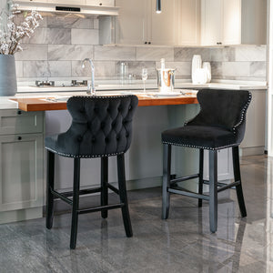 Contemporary Velvet Upholstered Wing-Back Barstools with Button Tufted Decoration and Wooden Legs; and Chrome Nailhead Trim; Leisure Style Bar Chairs; Bar stools; Set of 2 (Black); SW1824BK