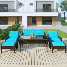 Load image into Gallery viewer, 6-Piece Outdoor Patio PE Wicker Rattan Sofa Set Dining Table Set with Removable Cushions and Tempered Glass Tea Table for Backyard, Poolside, Deck, Brown Wicker+Blue Cushion