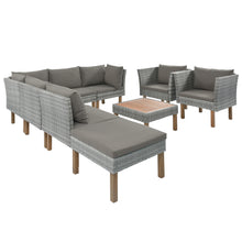 Load image into Gallery viewer, 9-Piece Outdoor Patio Garden Wicker Sofa Set, Gray PE Rattan Sofa Set, with Wood Legs, Acacia Wood Tabletop, Armrest Chairs with Beige Cushions