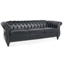 Load image into Gallery viewer, 84&quot; BLACK PU Rolled Arm Chesterfield Three Seater Sofa.
