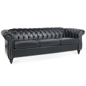84" BLACK PU Rolled Arm Chesterfield Three Seater Sofa.