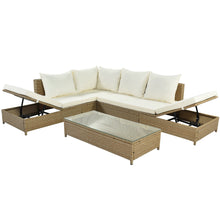 Load image into Gallery viewer, Patio 3-Piece Rattan Sofa Set All Weather PE Wicker Sectional Set with Adjustable Chaise Lounge Frame and Tempered Glass Table, Natural Brown+ Beige Cushion