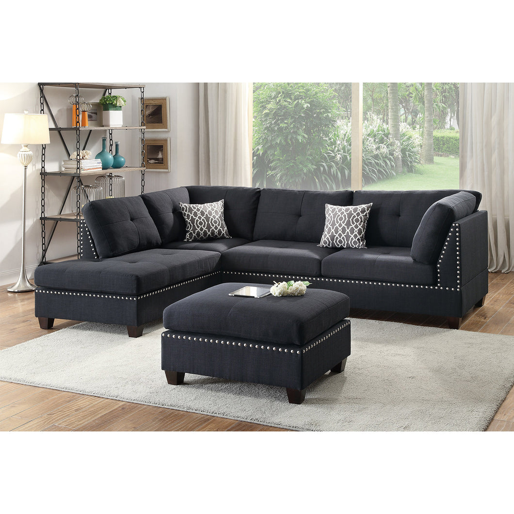 Polyfiber Reversible Sectional Sofa with Ottoamn in Black